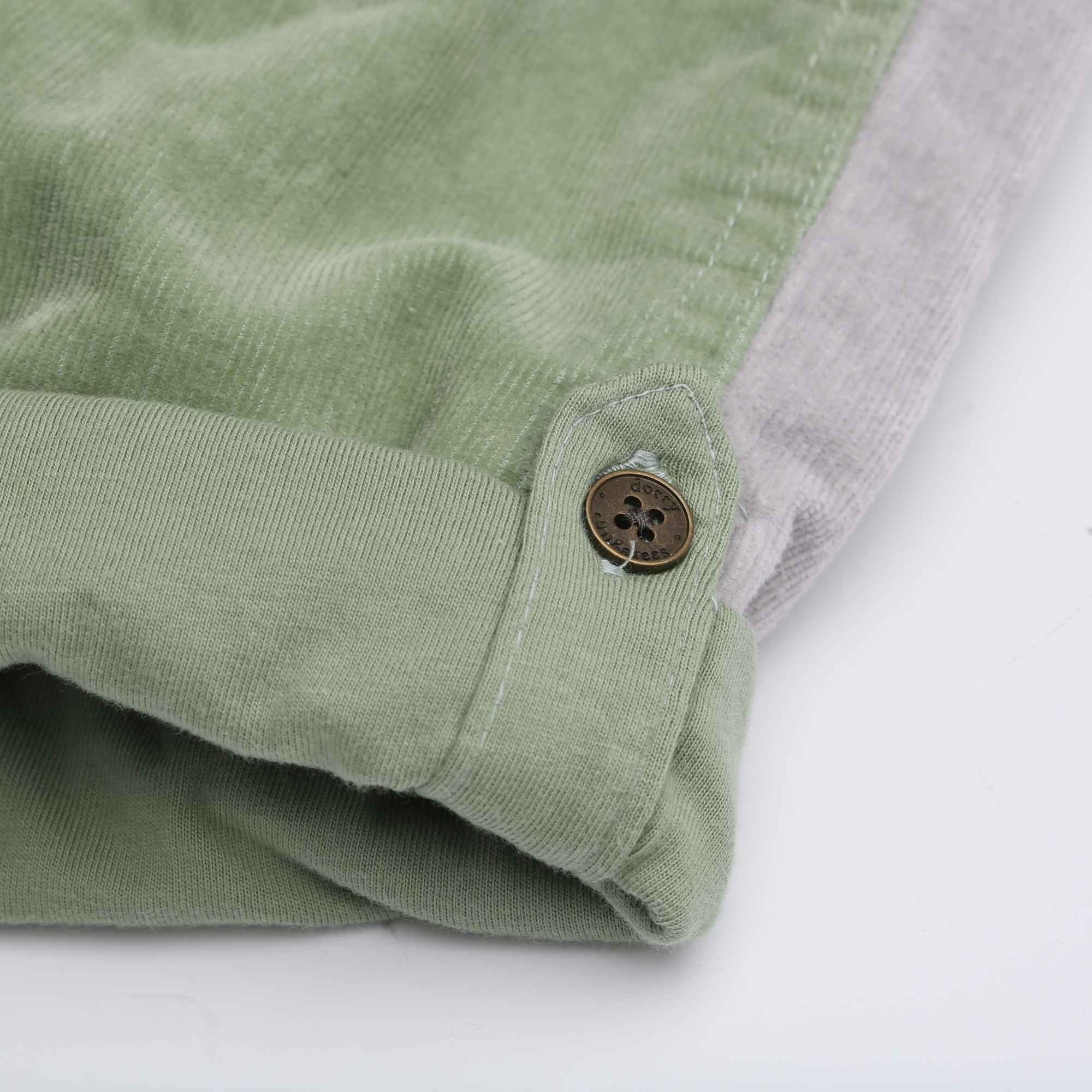 Green, cream, and grey corduroy dungarees for kids - Dotty Dungarees