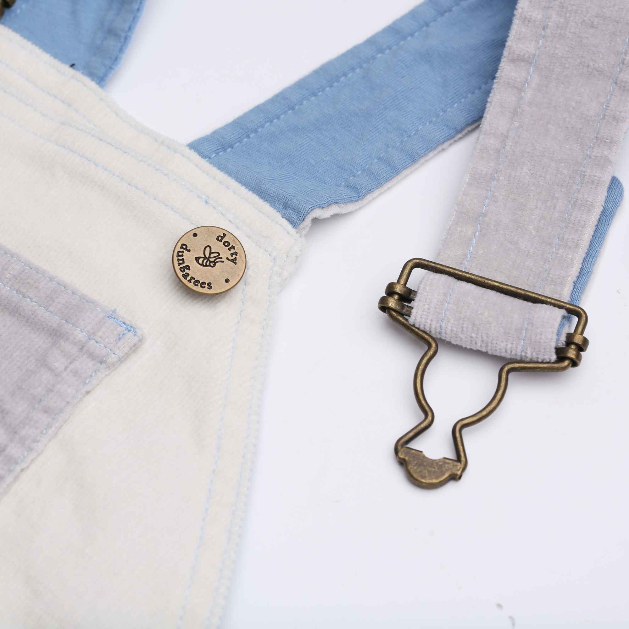 Blue, cream, and grey corduroy dungarees for kids - Dotty Dungarees