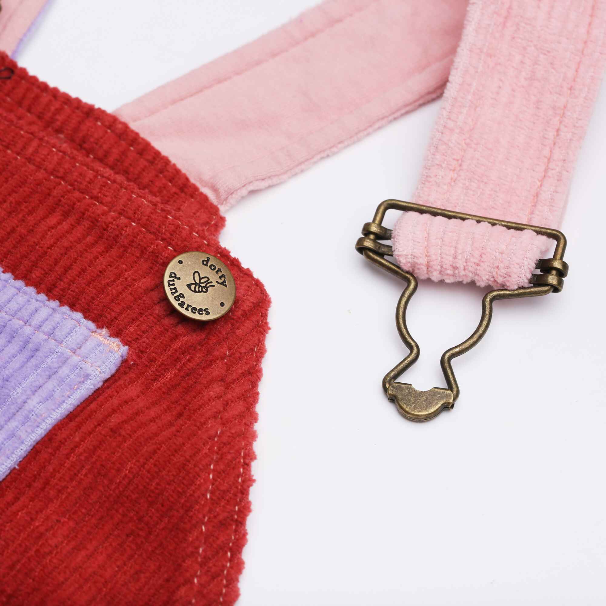 Pink, purple, and red chunky cord dungarees for girls - Dotty Dungarees
