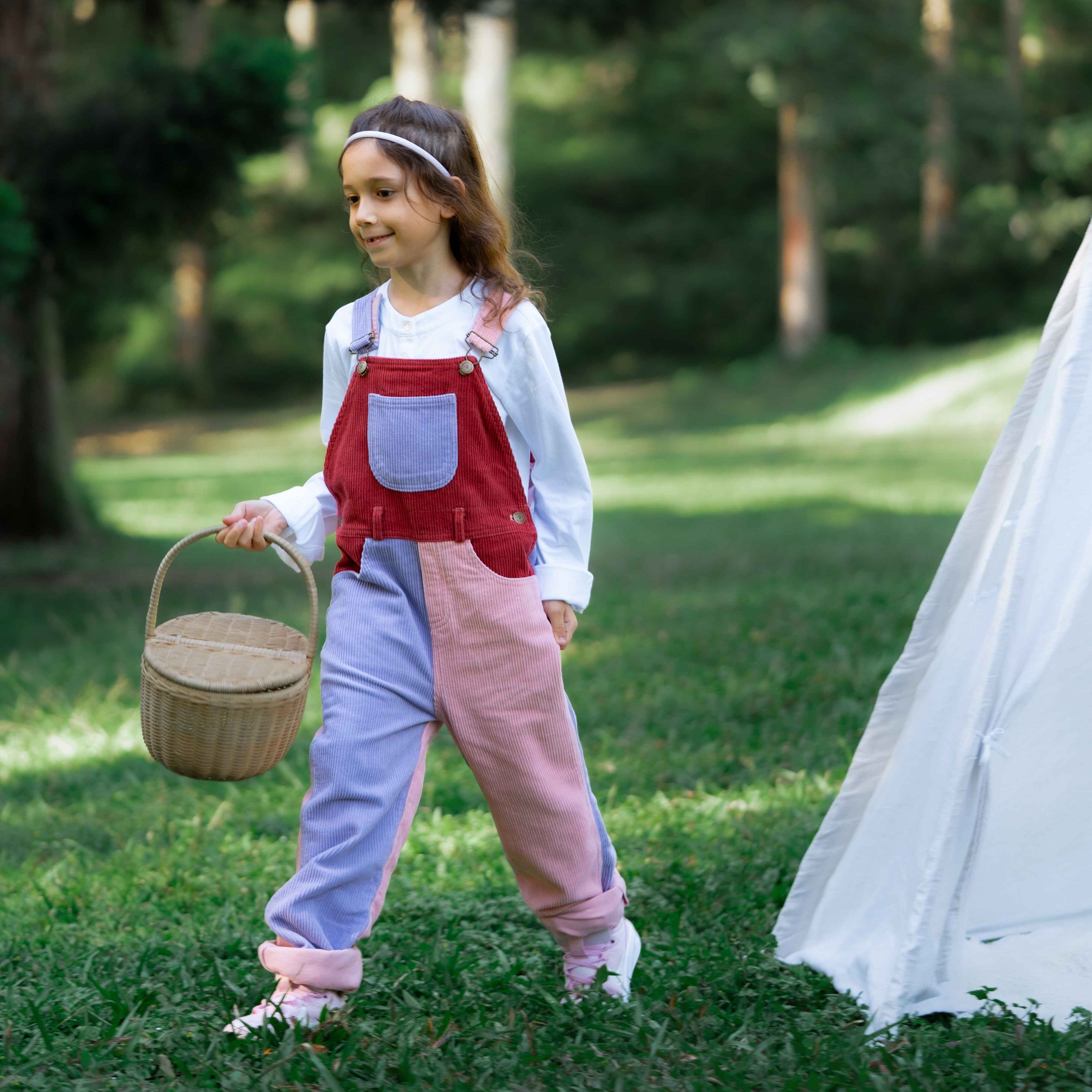 Pink, purple, and red chunky cord dungarees for girls - Dotty Dungarees