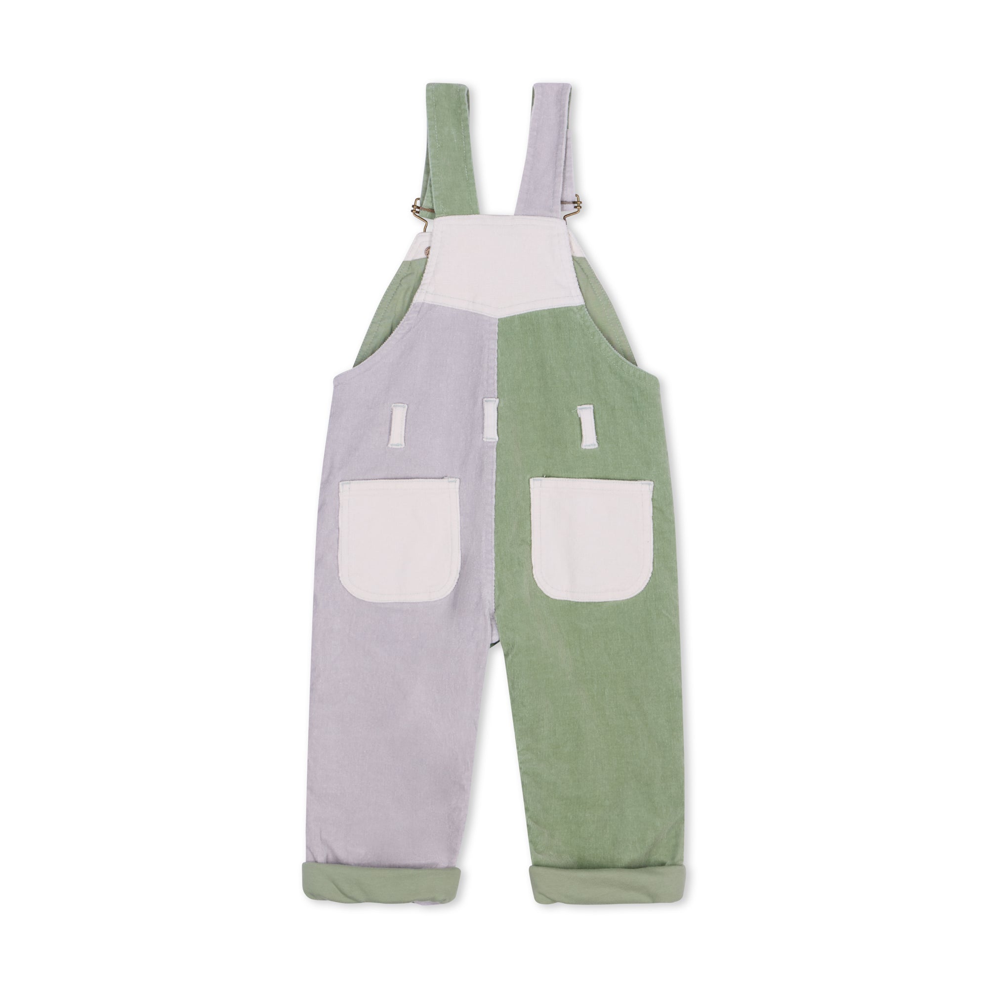 Green, cream, and grey corduroy dungarees for kids - Dotty Dungarees