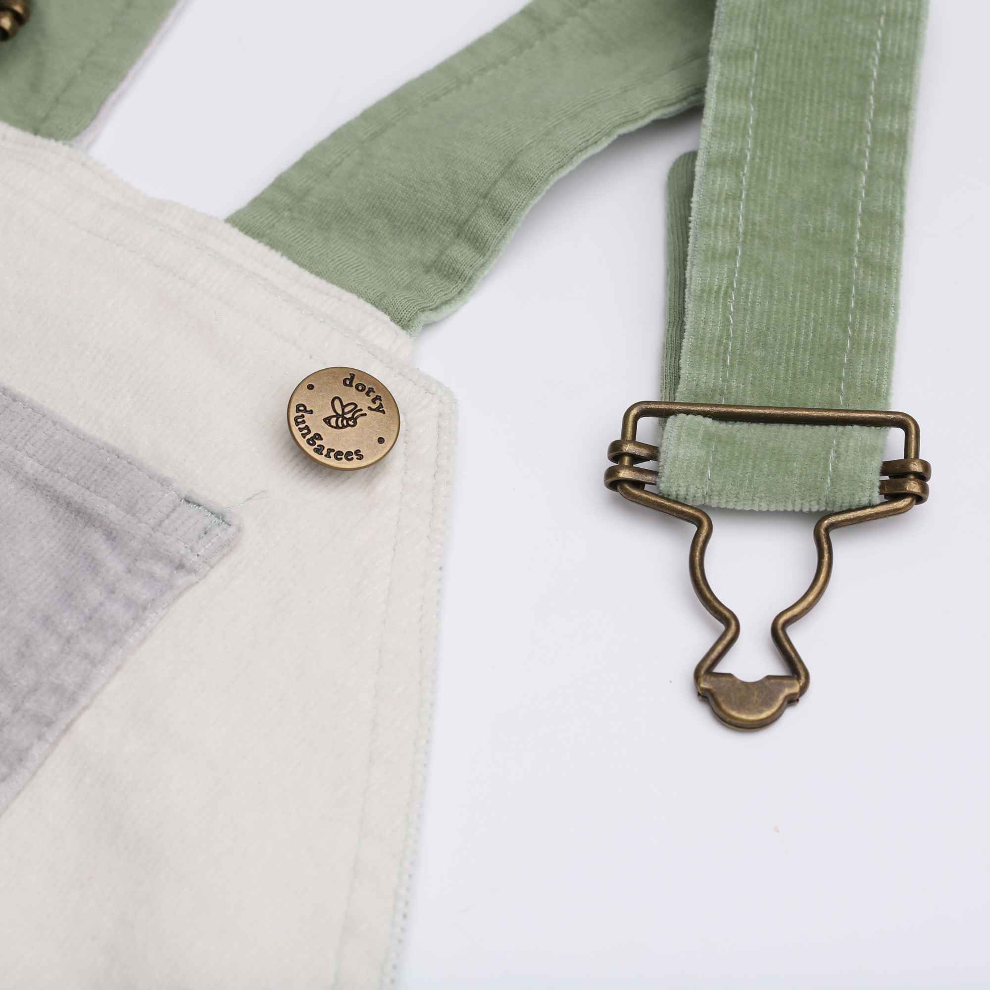 Green, cream, and grey corduroy dungarees for kids - Dotty Dungarees