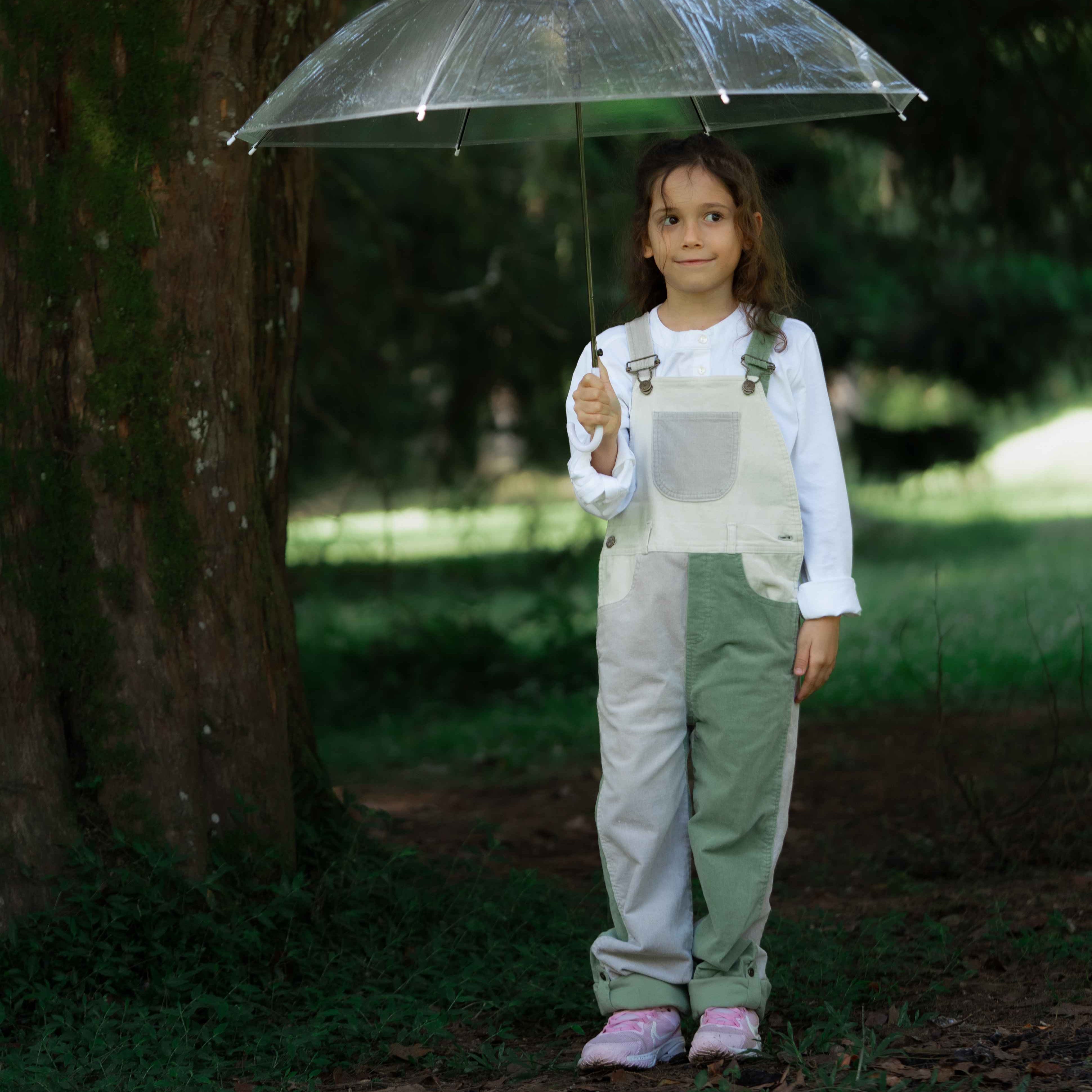Green, cream, and grey corduroy dungarees for kids - Dotty Dungarees